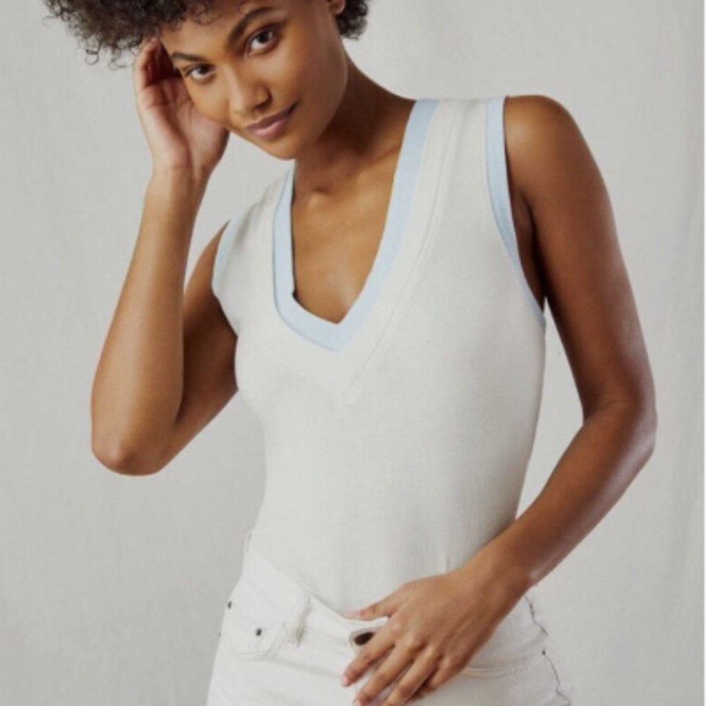 Free People Intimately Cozy Cool Girl Ivory Blue V-Neck Bodysuit Size XS NEW